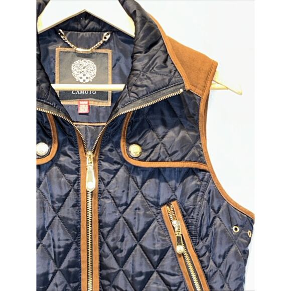 Vince Camuto Quilted Puffer Vest Womens Medium Navy With Brown Suede Trim Chore - Picture 3 of 13